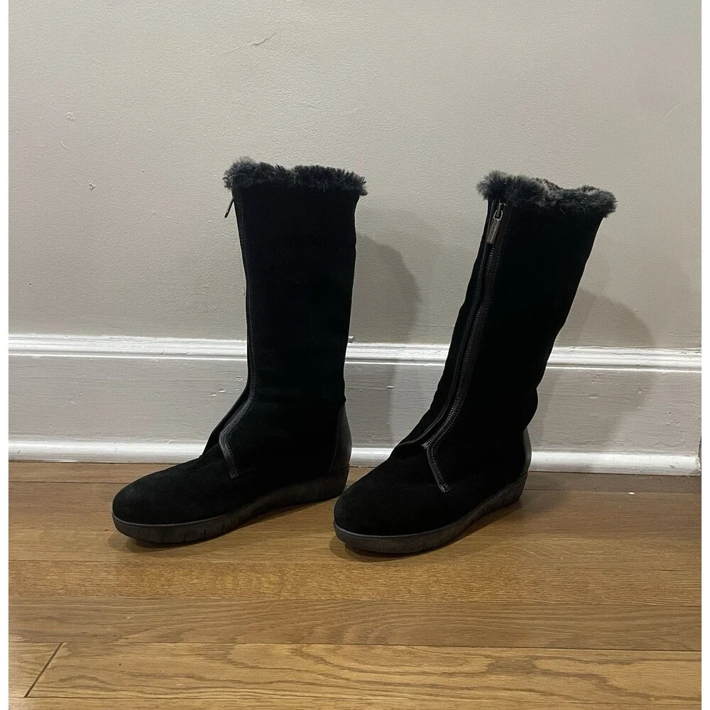 Aquatalia Black Suede Front Zipper Faux Fur Boots Women's Size 7 Cozy Winter